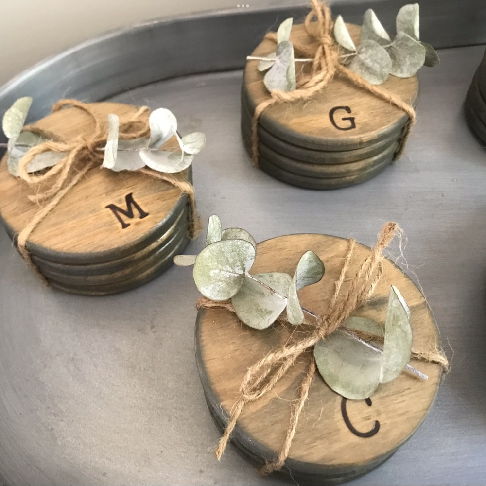 FARMHOUSE INSPIRED HANDMADE MONOGRAMMED COASTER SET OF 4 CUSTOM MADE AT REQUEST